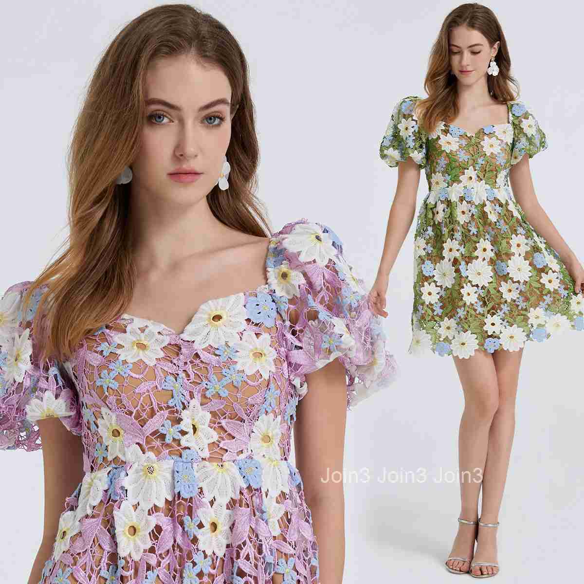 811 Fashion Heavy Craft Water-Soluble Lace Embroidery Puff Sleeve Dress Sexy Off-Shoulder Flared Dress