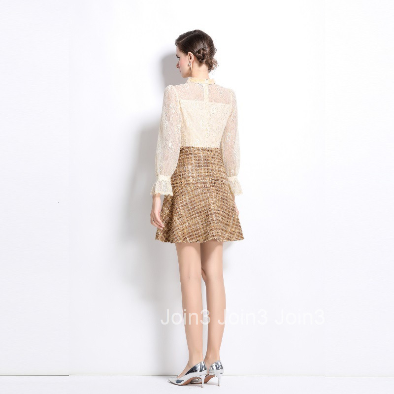 8038 Autumn New Womens Clothing Style Embroidered Lace Splicing Coarse Floral Hemp Waist Dress