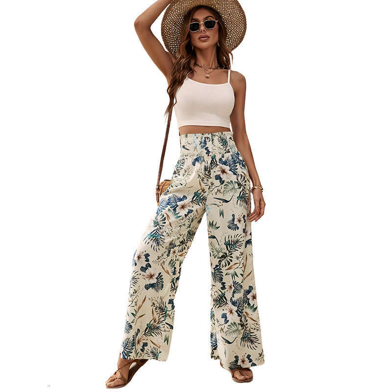 Cross-Border Spring European and American Women's New Fashion Long Printed Casual Elegant High Waist Gathered Straight Wide-Leg Pants