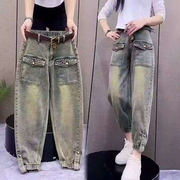 2024 Jeans Spring Loose New High Waist Slim Fashion Plus Size Nine Points Jogger Harem Dad Pants