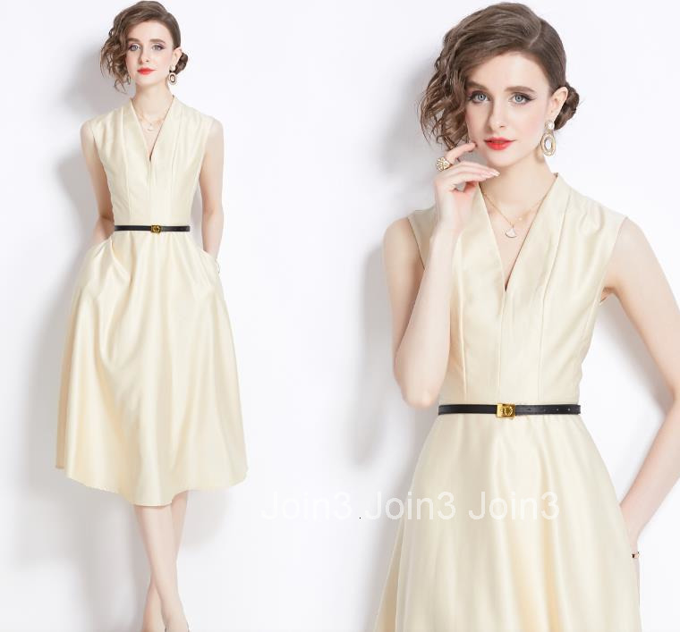 5801 Summer Dress for Women High Waist Slim Fit Sleeveless Tie Collar Mid-Length Dress