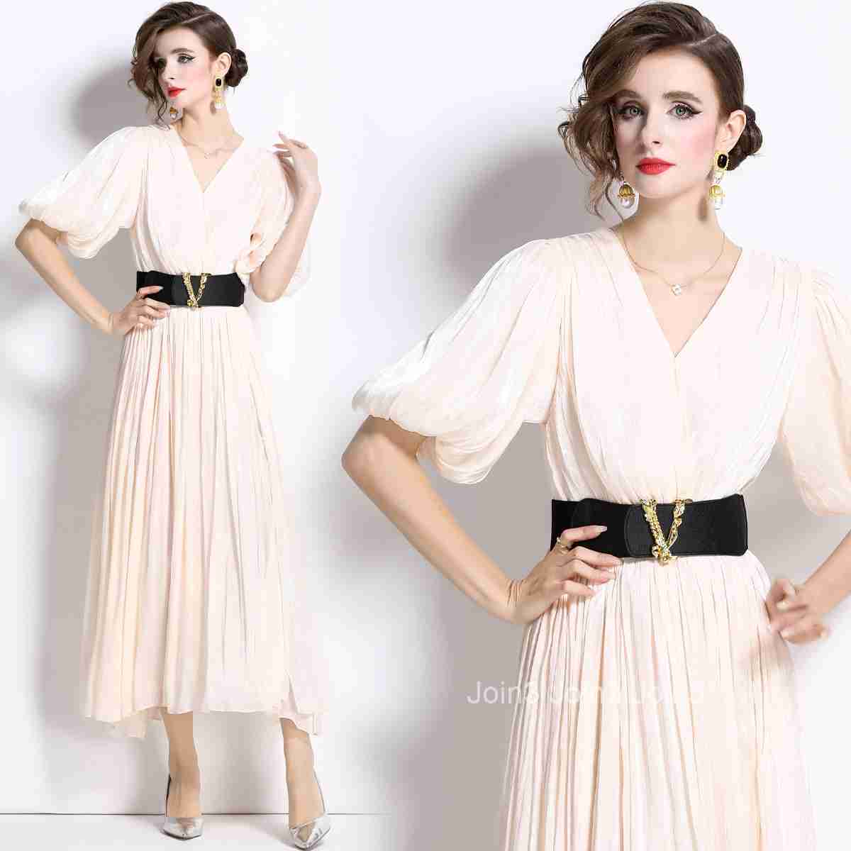 1662 Summer New Womens Fashion Elegant Puff Sleeve Pleated Slim Fit Flared Long Dress