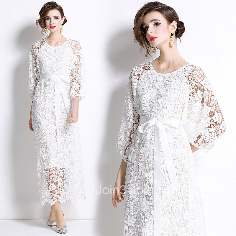6956 Autumn New Womens Style Long Sleeve Round Neck Hollow A-line Lace Dress Long Skirt
