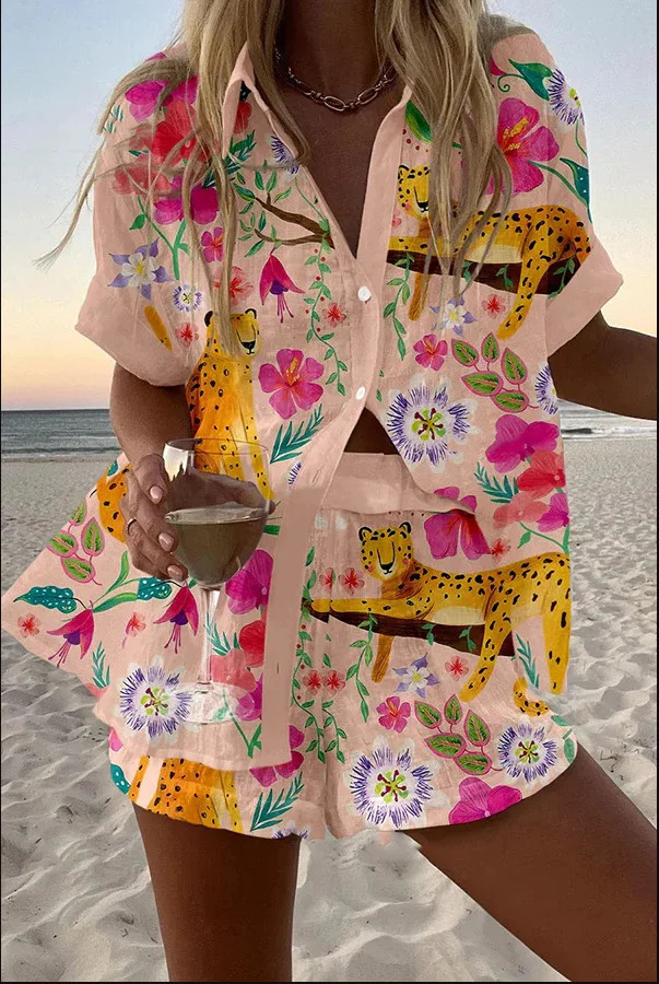 Summer Print Beach Holiday Set For Women Fashion Short Sleeve Buttoned Shirt Wide Legs Shorts Oversized Two Piece Set 250714