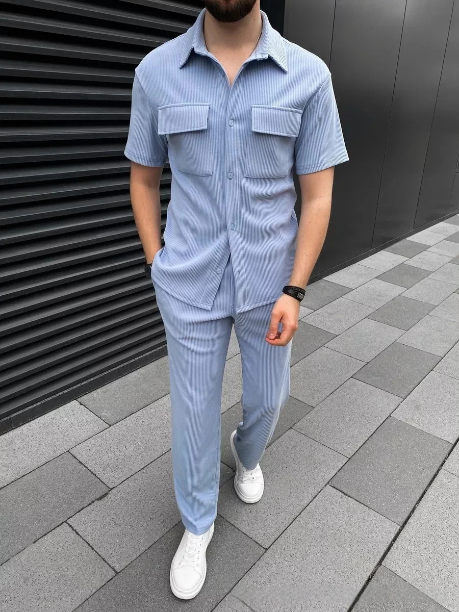 Mens Spring Summer Corduroy Short-Sleeved Shirt And Long Pants Set Casual Lapel Button Pocket Fashionable Two-Piece Outfit 250715