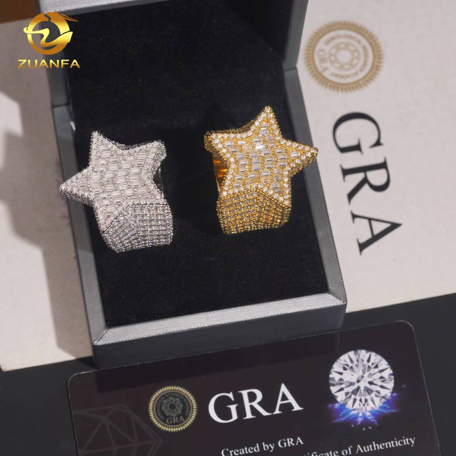 Iced Out Star Shape Design Ring Baguette Hip Hop Rapper Jewelry Full With VVS Moissanite Diamond 925 Silver Men Ring