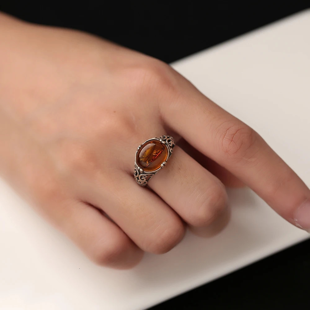 Vintage S925 Silver Wide Ring Natural Resin Amber Womens Ring Wedding Exquisite Jewelry Party Accessories Birthday Gift 250716