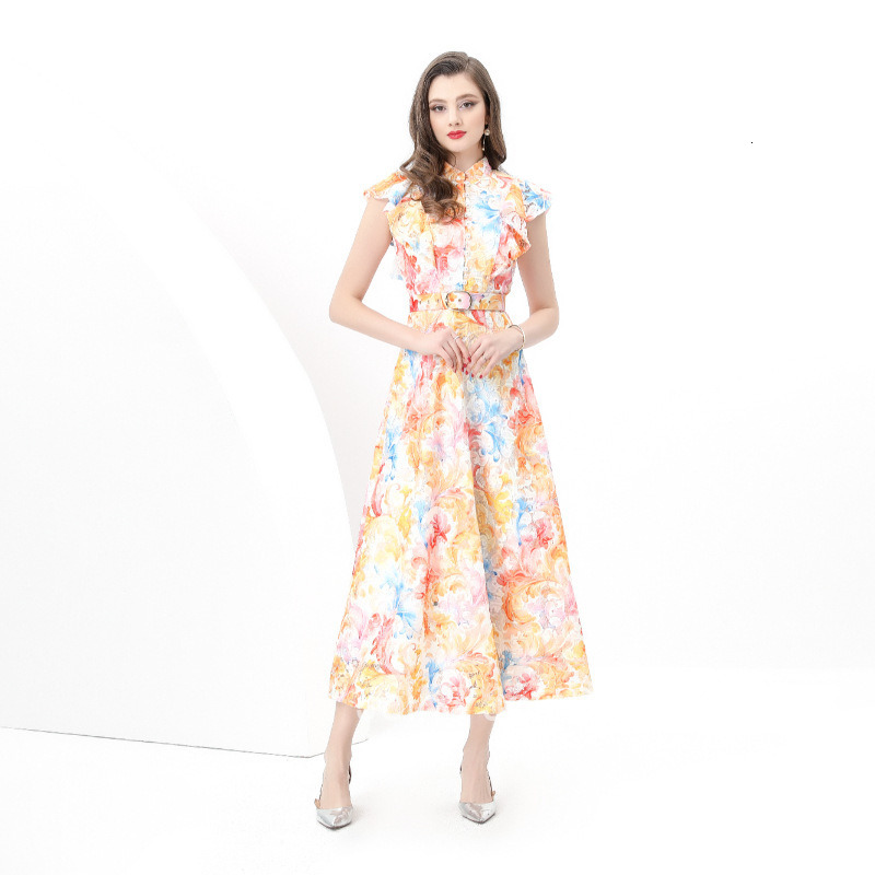 8849 Early Spring New Womens Fashionable Lace Stand Collar Waist Cinching Printed Long Dress