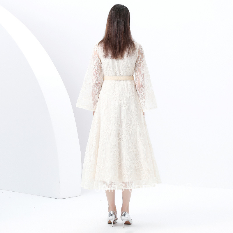 6168 Early Spring New Womens Vacation Style Stand Collar Lace Embroidered Floral Print Flared Long Dress