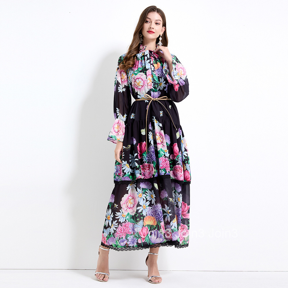 2170 Spring New Womens Fashion Elegant Vacation Style Lace Cake Dress Printed Waist-Cinching Long Dress - Two-Piece Set