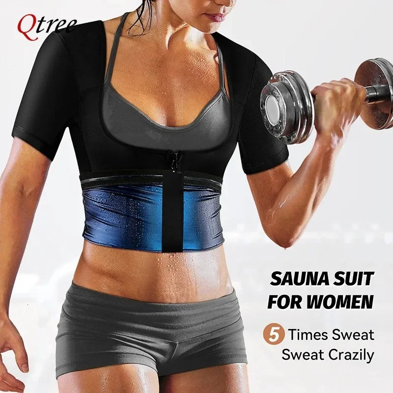 Qtree Women Sauna Sweat Polymer Corset Waist Trainer Sauna Tops Zipper Weight Loss Body Shaper Thermo Push Up Chest Shirt 250716