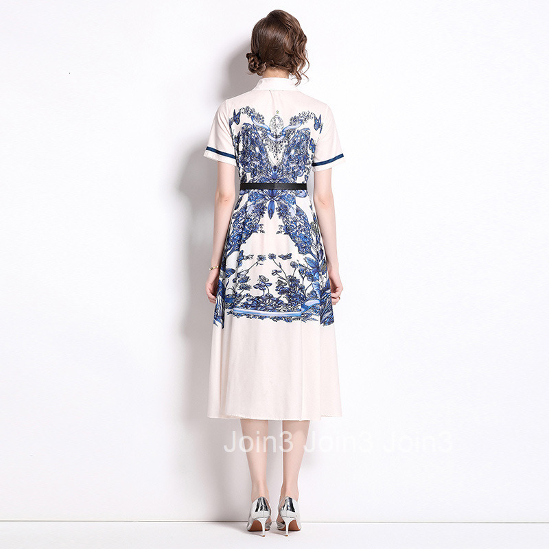 8538 summer new style lapel short sleeved mid to long cut waist slimming printed A-line dress