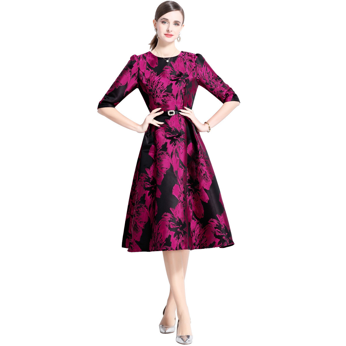 5856 Spring/Summer New Womens Clothing Style Jacquard Round Neck Short Sleeve Slimming and Slimming Medium Length Dress