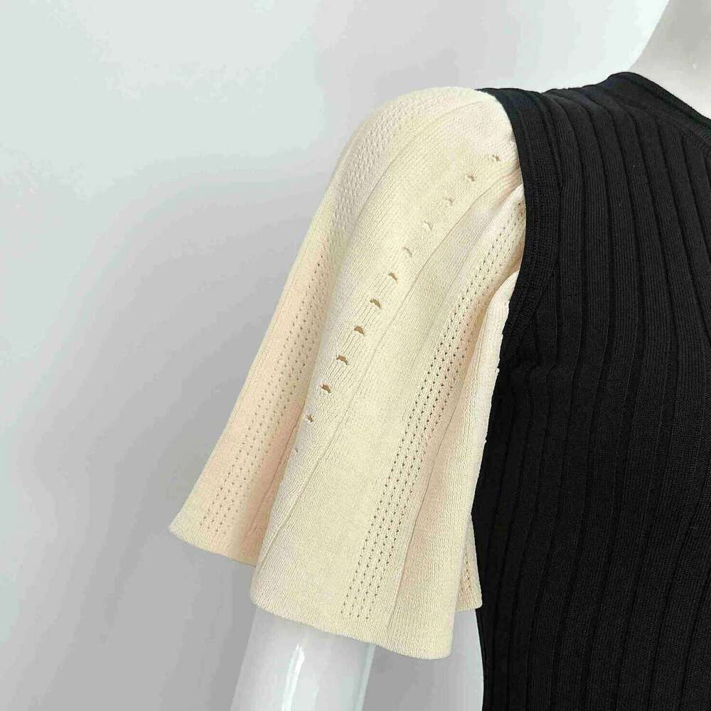 Designer Clothing Women's Beige Short-Sleeved Knitted Hollow Out Single-Breasted Patchwork Birthday Party Elegant Maxi Dress Fashion