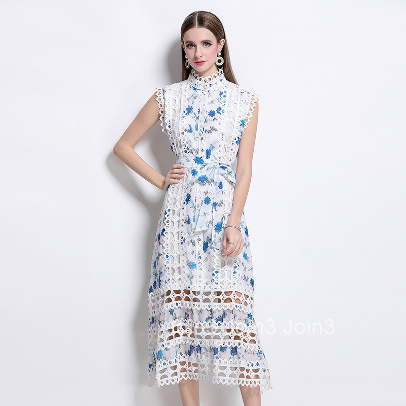 5151 French Style Elegant Elegance Hollow Lace Dress Summer Stand Collar Slimming Dress for Women