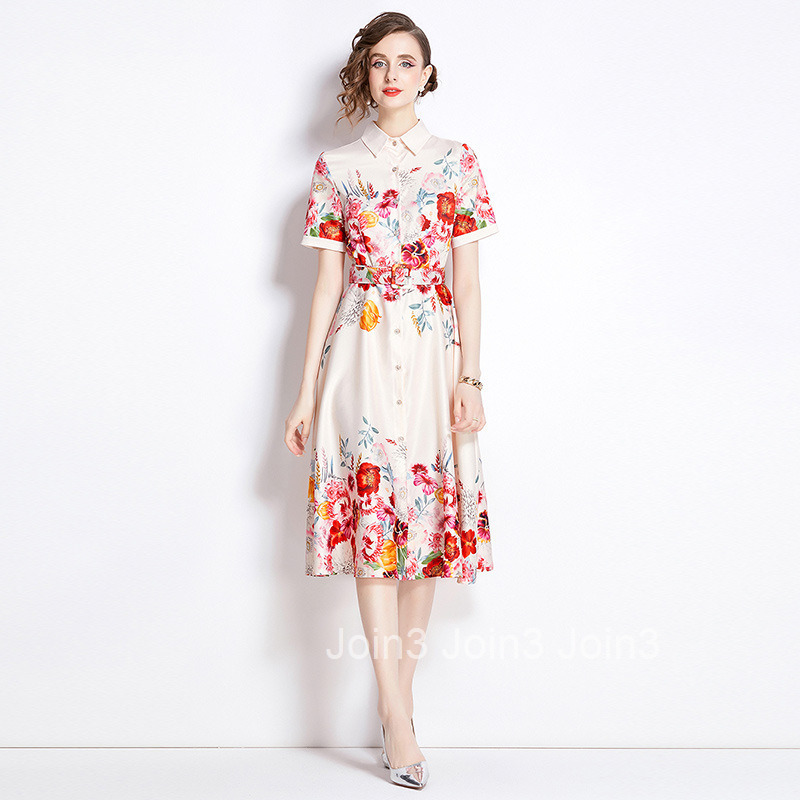 6051 Summer New Womens Fashion Printed Waist-Cinching Turn-Down Collar Short Sleeve Dress (With Belt)