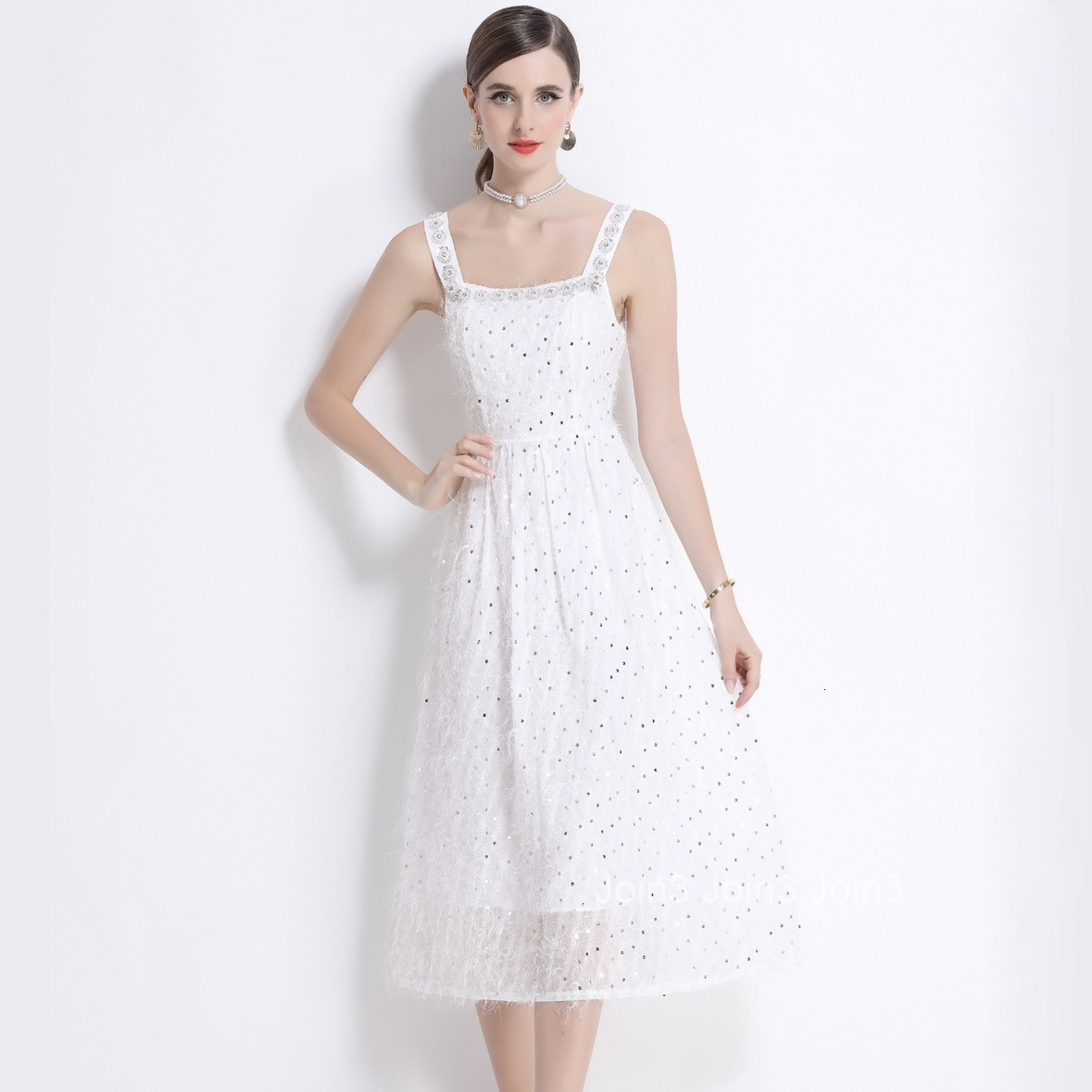 8081 Summer New Womens White Strap Dress Little Gown Elegant Beaded Sequin Fringe Dress