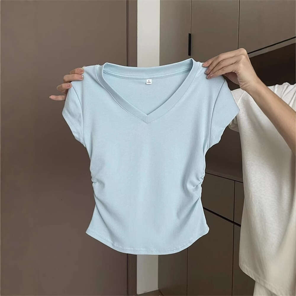 92 Cotton Blue Regular Shoulder Sleeve T-Shirt Women's Summer Slim Fit Stylish Pleated Waist Short Top
