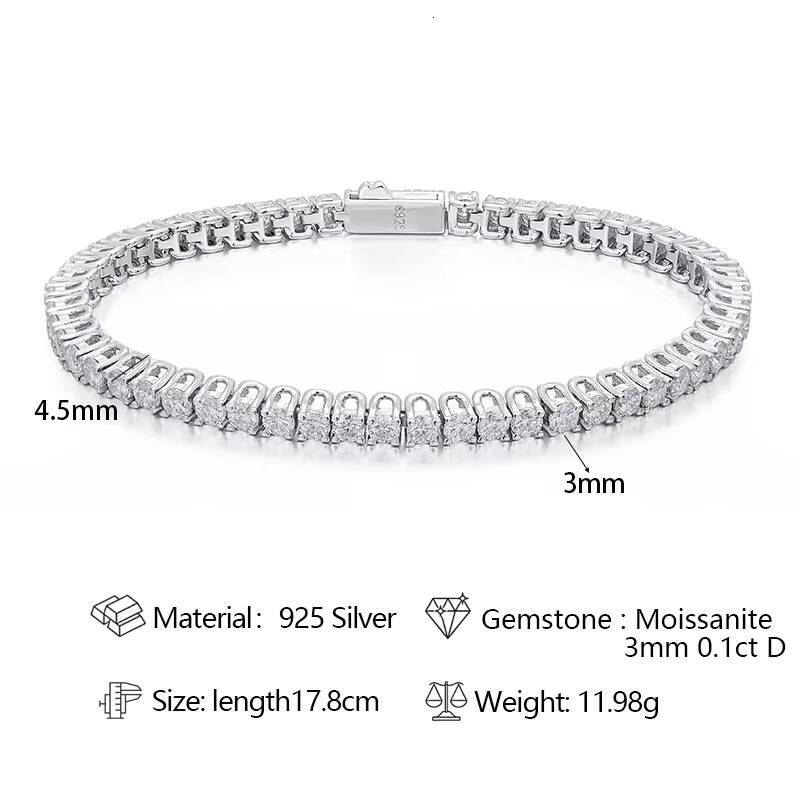 Hip Hop Mens Bracelet 3mm4mm Moissanite Tennis Chain 925 Silver Fashion Moissanite Unisex Bracelet with GRA Certificate