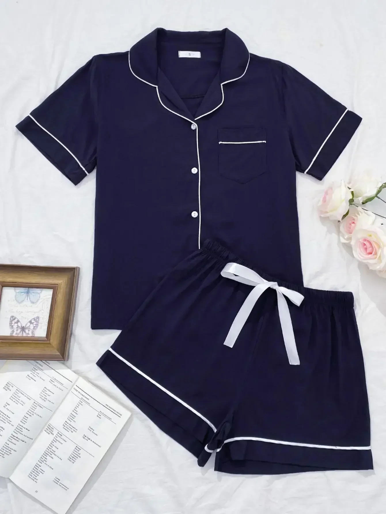 Summer Womens Pajamas Sets Short Sleeve Notched Collar Top Tee Button Down Elastic Waist Shorts Home Suit Loungewear Sleepwear 250717