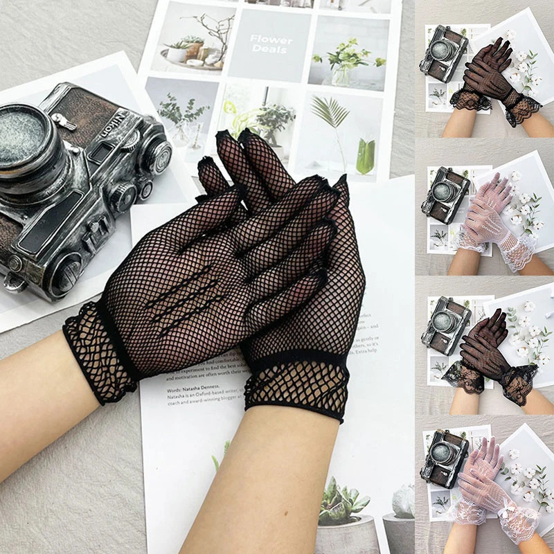 Black White Mesh Fishnet Gloves For Women Lace Bow Wrist Gloves Full Finger UV-Proof Driving Gloves Lady Sheer Fishn Net Gloves 250717