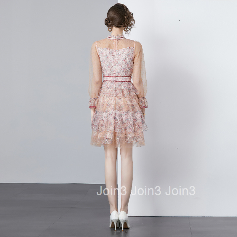 6891 Spring and Autumn New Womens Fashion A-line Cake Dress Elegant Long Sleeve Mesh Slim Fit Dress