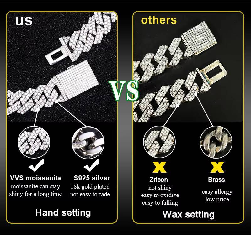 New Trendy 2Rows 10-20mm VVS Moissanite Diamond 925 Silver Cuban Link Chain for Rapper Hiphop Jewelry