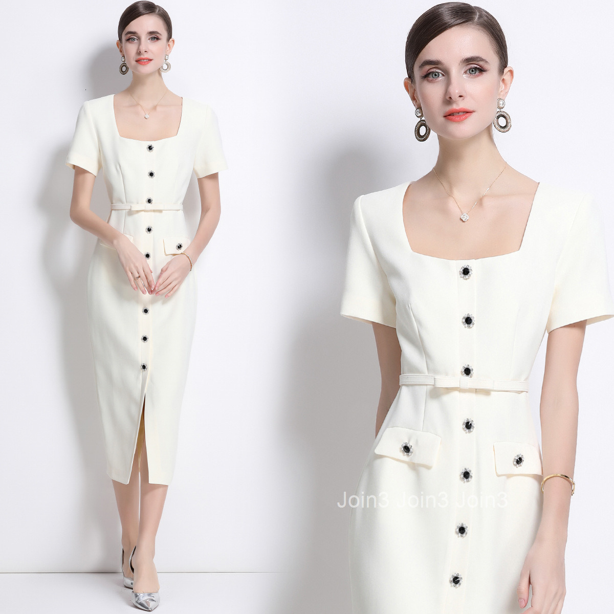9614 Spring Summer New Womens Fashion Square Neck Short Sleeve Dress Slim Fit Dress with Belt