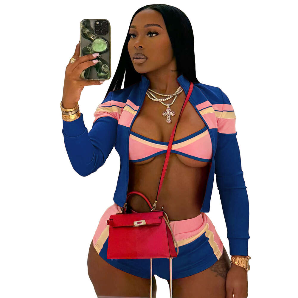 European and American Fashion Women's Clothing Printed Patchwork Long Sleeve Off-Shoulder Strap Hot Pants Three-Piece Set for Women