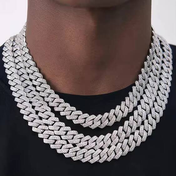 New Trendy 2Rows 10-20mm VVS Moissanite Diamond 925 Silver Cuban Link Chain for Rapper Hiphop Jewelry