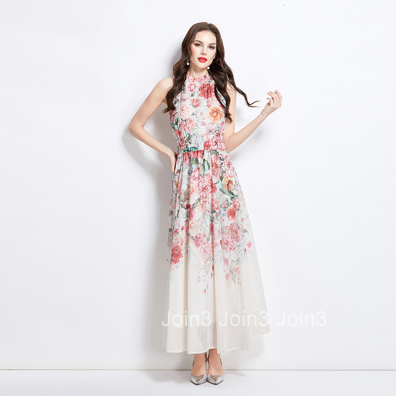 2747 Spring Summer Vacation New Oil Painting Flower Print Halter Neck Long Dress