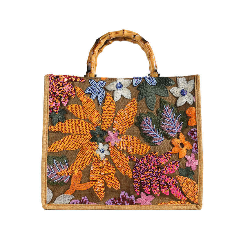 New Fashion Sequin Horizontal Tote Linen Women's Large Capacity Embroidered Bamboo Handle Bag