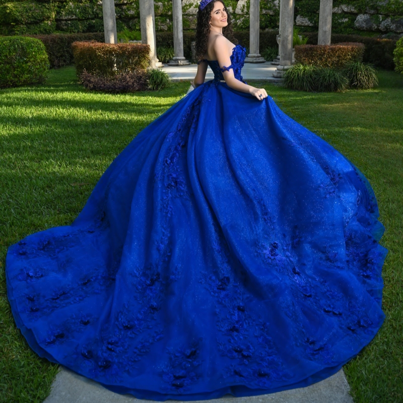 Royal Blue Shiny Quinceanera Dresses Ball Gown Off The Shoulder Applique Flower Beading Tull Party Birthday Sweet 16 Dress Vestidos 15 Anos