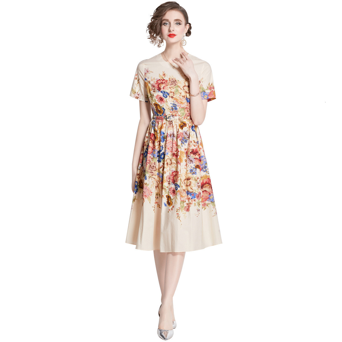 1642 Summer New Womens Fashion Elegant Color Block Printed Round Neck Waist Slimming Short Sleeve Mid-Length Dress