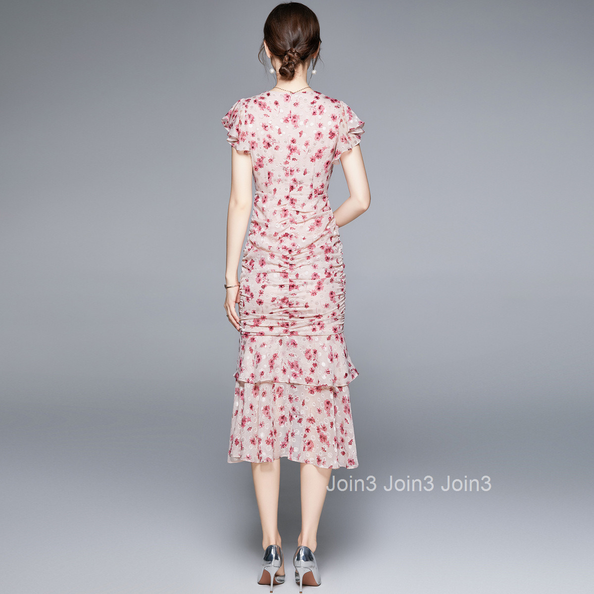 8692 summer womens wear floral V-neck Short Sleeve Ruffle waist closing to show thin temperament lady medium length dress