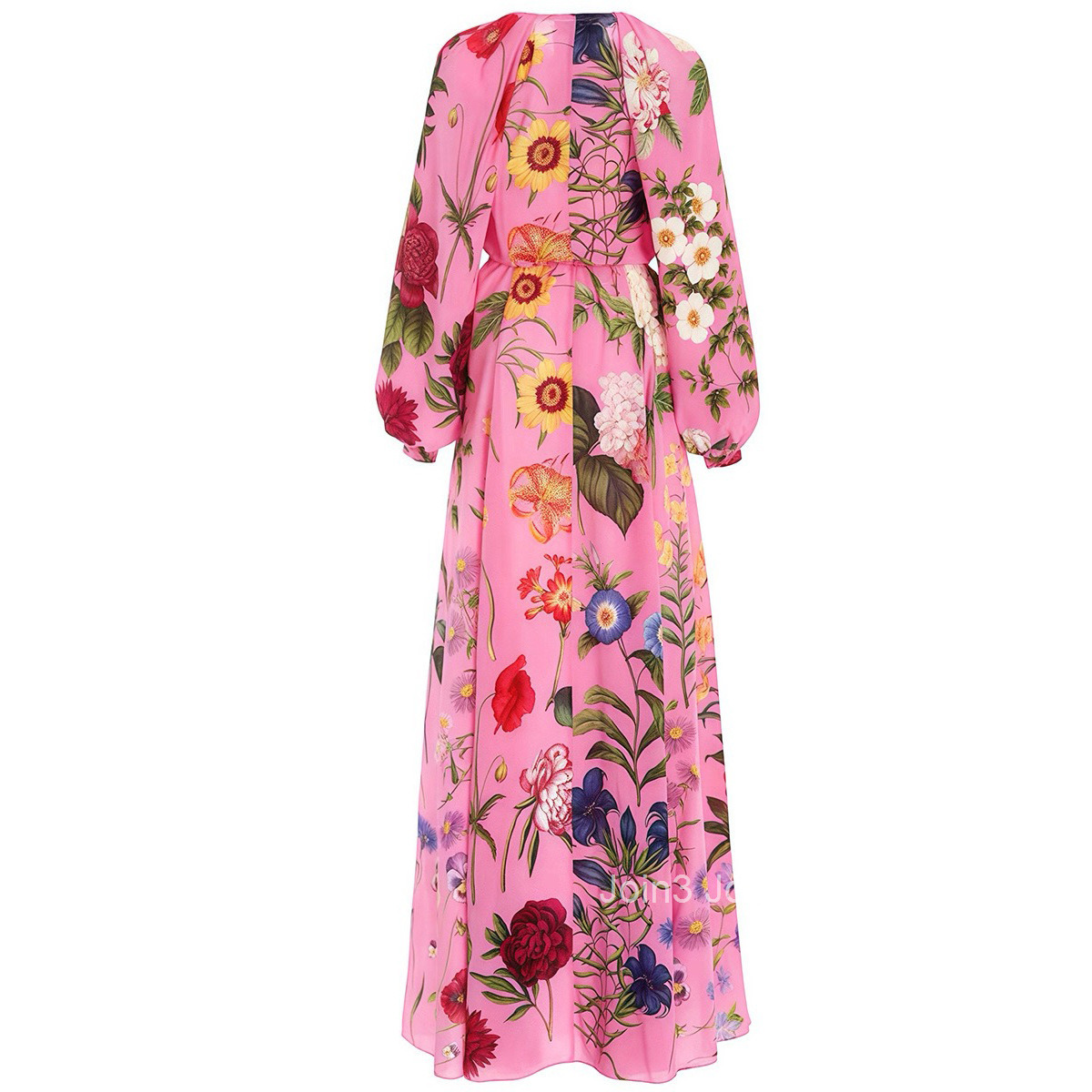 9663 Lantern Sleeve Dress for Women Printed Long Sleeve Single-Breasted Round Neck Flared Dress with Belt