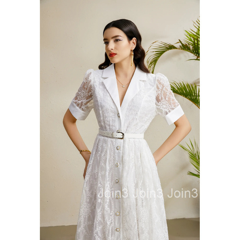 8907 Early Autumn Suit Collar Lantern Sleeve Gathered Wide Hem Embroidered Dress