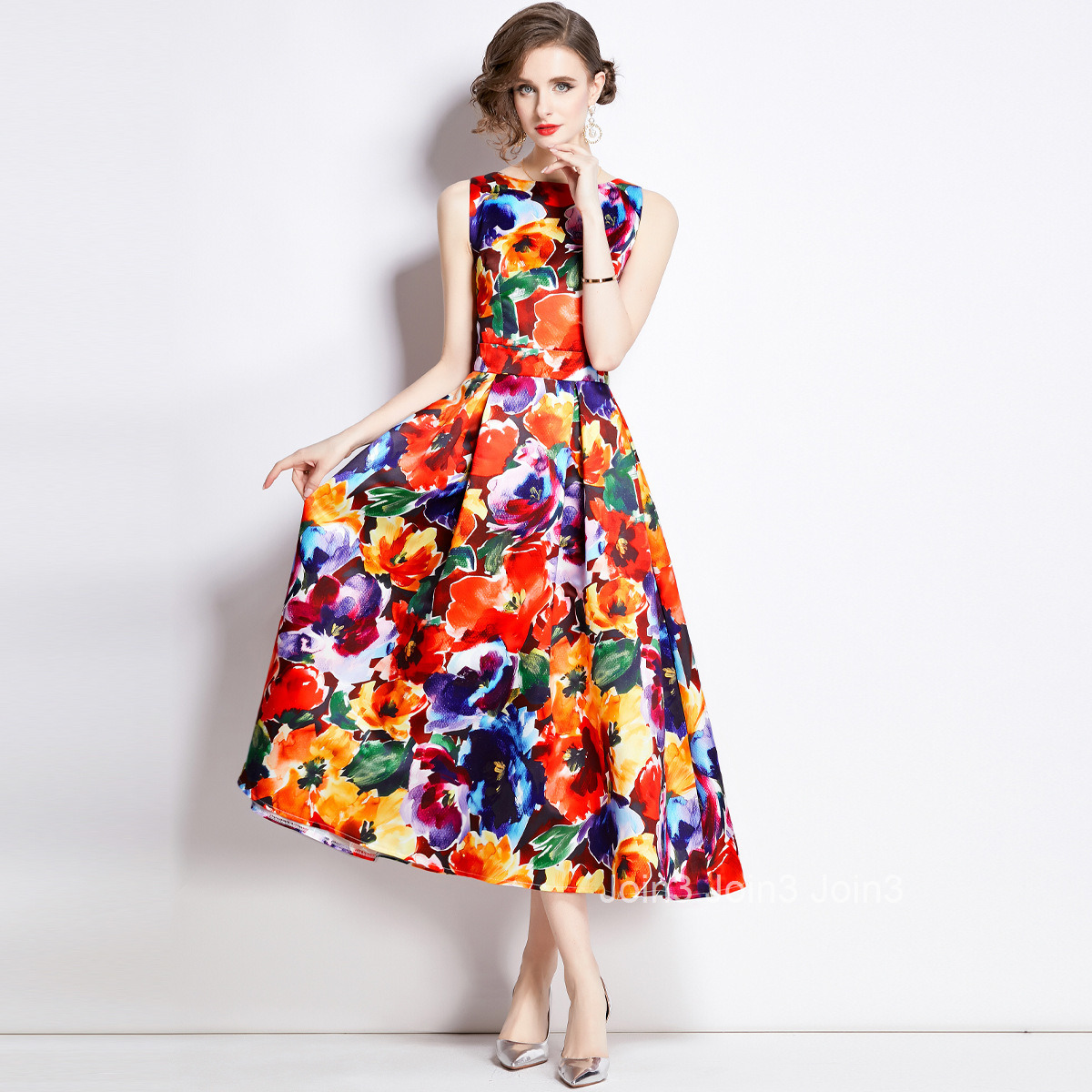 891 Summer New Womens Printed Sleeveless High Waist Dress Slim Waist Flared Long Dress