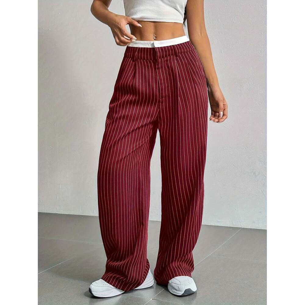 2025 Spring Summer New Women's Dress Pants Cross-Border Japanese Korean Casual High Waist Spliced Simple Draped Commuter Straight-Leg Trousers