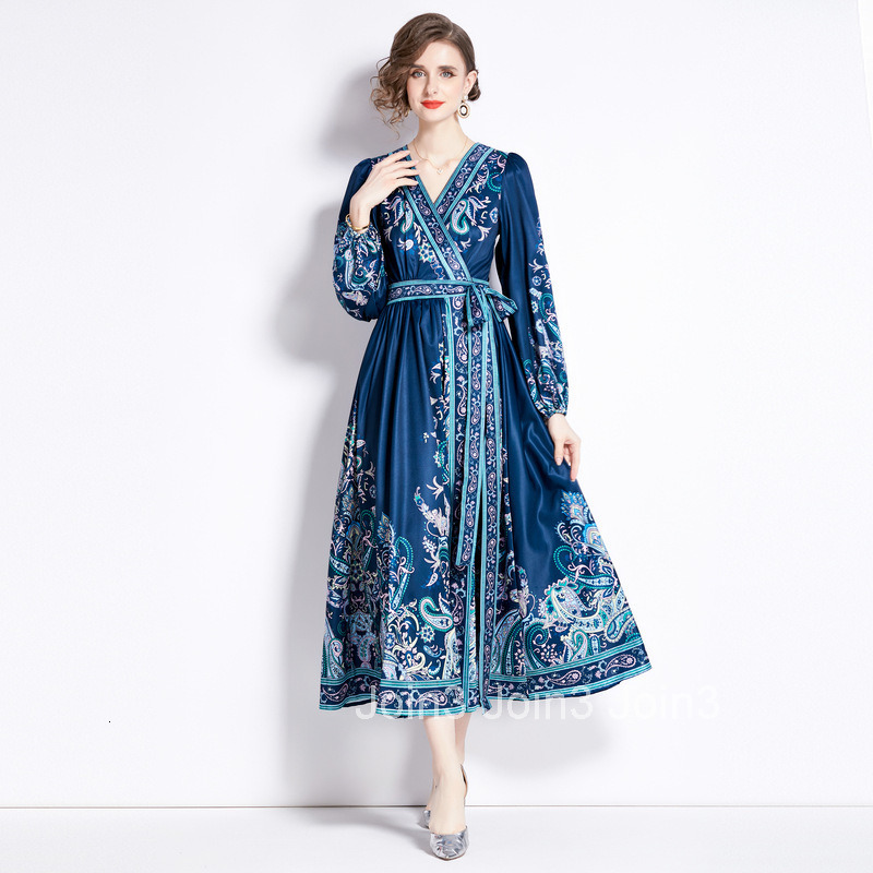 2372 Early Spring New Womens V-neck Ethnic Style Long Sleeve Printed Tie Large Hem Long Dress