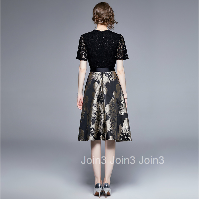 868 Summer New Womens Fashion Elegant Sequin Lace Patchwork Jacquard Waist Slimming Elegant Dress