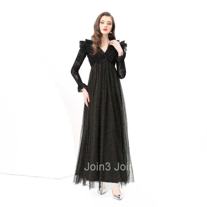 8830 Early Spring New Womens Fashion Vacation Style Embroidered Lace Collar Long Sleeve Lace Mesh Long Dress