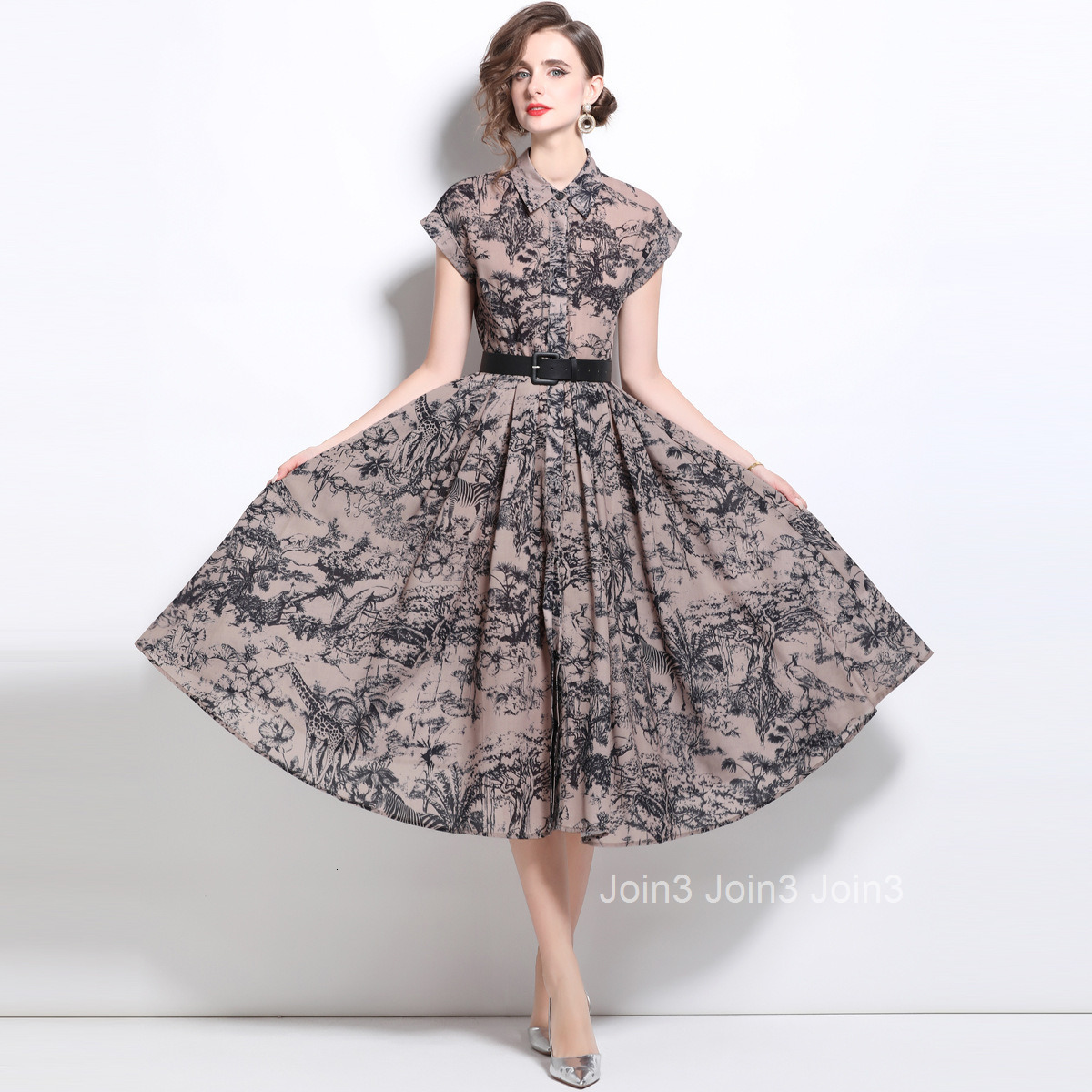 1664 Summer New Womens Printed Turn-Down Collar Short Sleeve Slim Mid-Length Dress with Belt