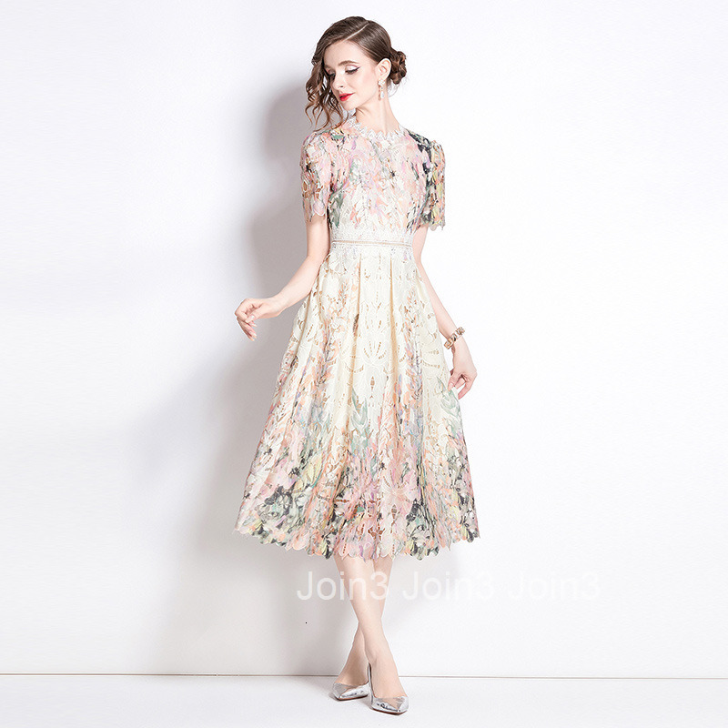 536 Summer New Womens Fashion Elegant Slim Hollow Water-Soluble Lace Printed Mid-Length Dress