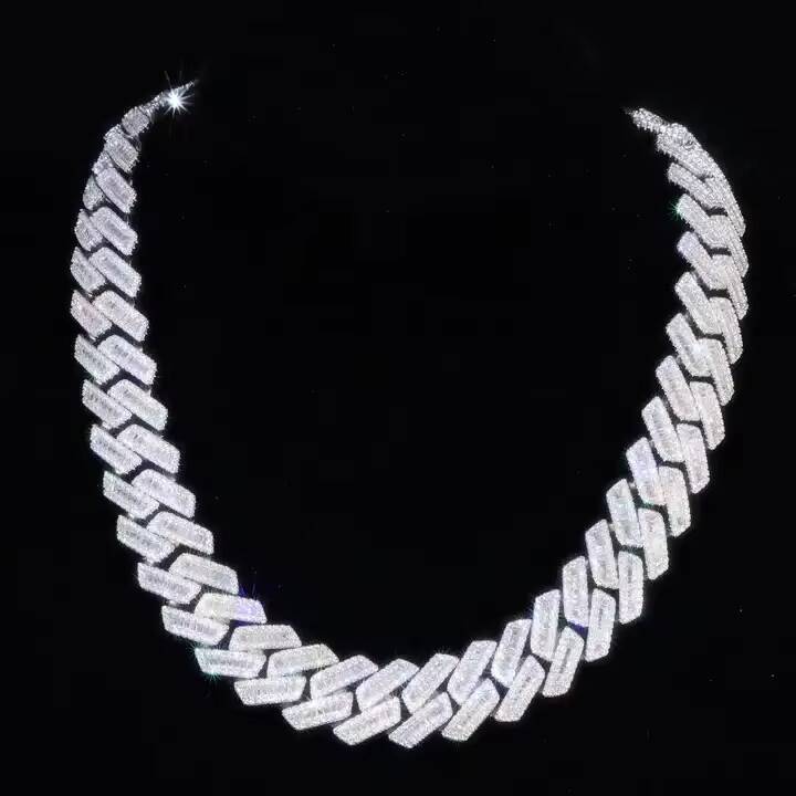 Hiphop 18mm Mossanite Chain 925 Silver Iced Out Rhodium Plated Baguette VVS Moissanite Cuban Link Chain