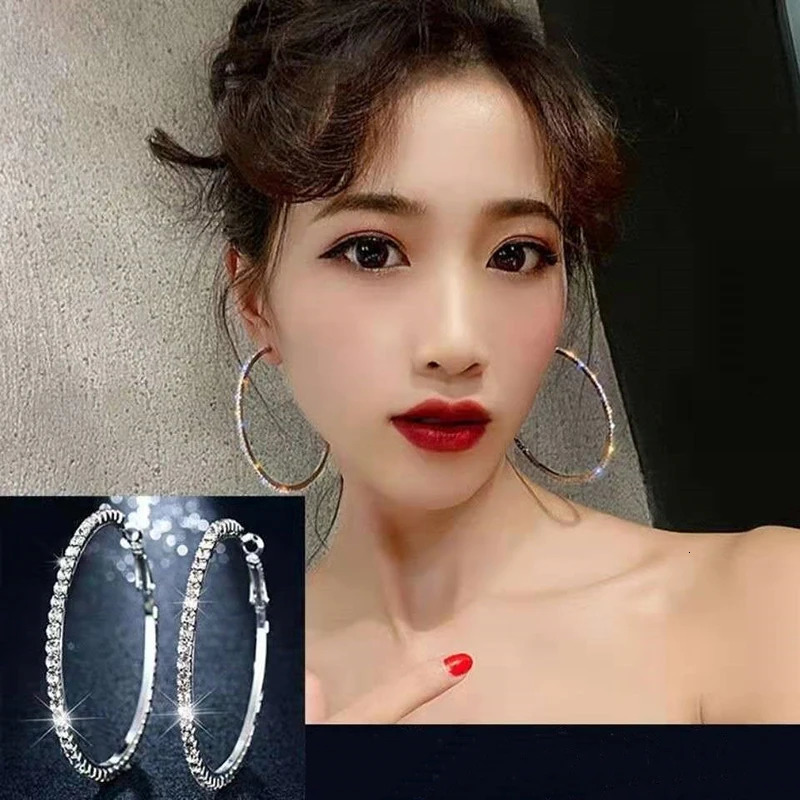 30-80mm Big Hoop Earrings For Women Girls Circle Crystal Rhinestone Earrings Black Gold Silver Color Round Earings Party Gift 250715