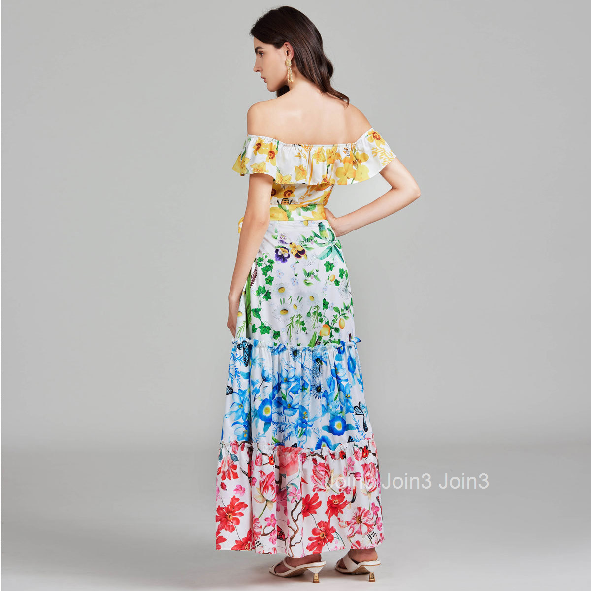 041 Summer New Womens Sexy Open Shoulder Lotus Leaf Edge One Shoulder Printed Large Swing Skirt Dress (Paired with)