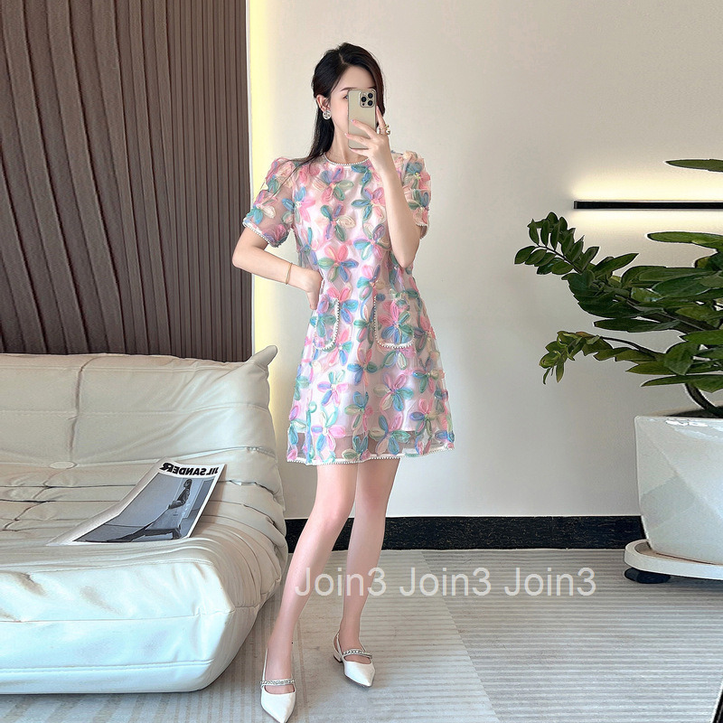 Summer New 2025 Heavy Beaded Short Sleeve Dress Mesh Three-Dimensional Flower Straight Dress for Women