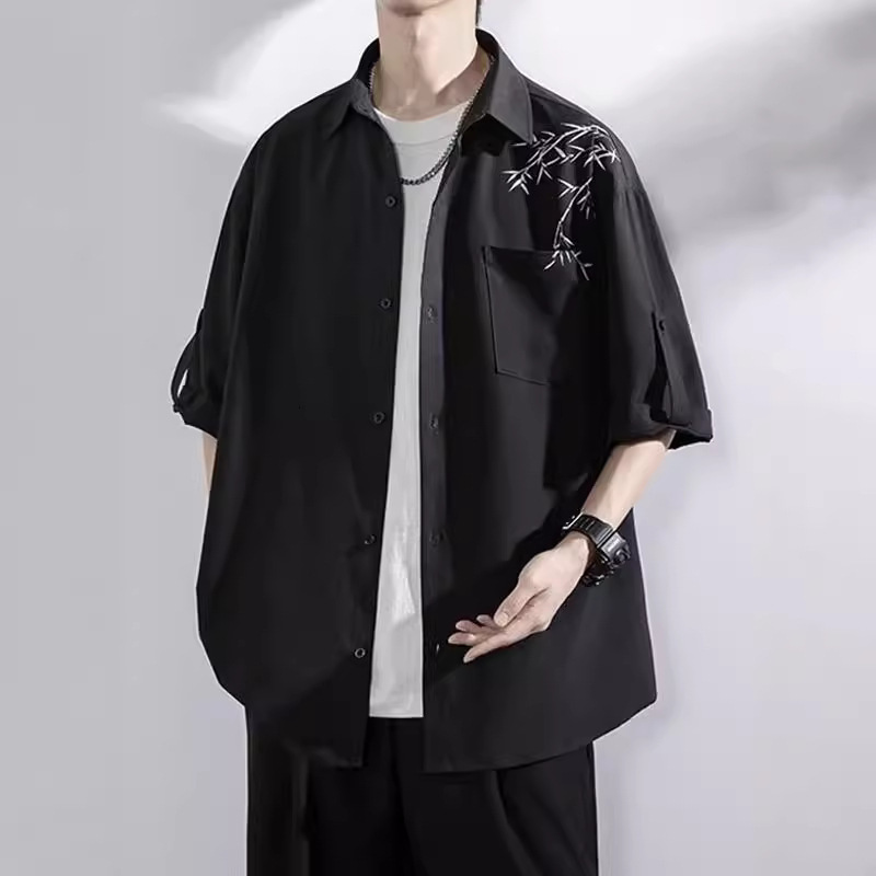 Ice Silk Shirt Men Short Summer Trendy Brand Bamboo New Men's Clothing Chinese Style Top Loose Casual Three Quarter Sleeve