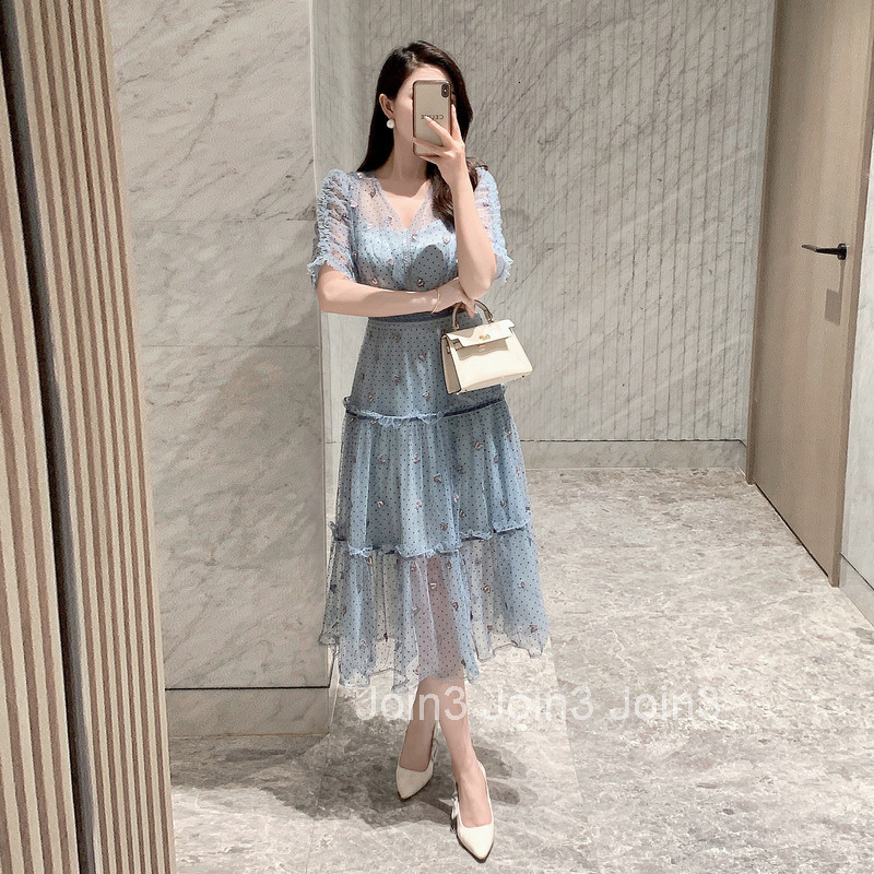 7075 Summer French Elegant Heavy Embroidery Polka Dot Mesh Mid-Length Dress